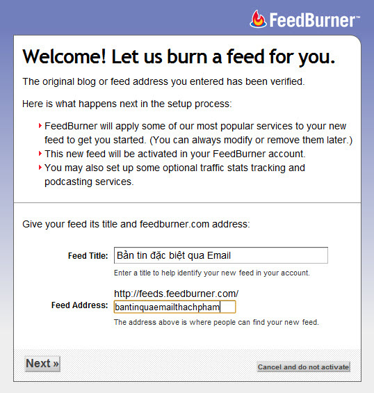 Hướng dẫn gửi bản tin đặc biệt qua email với Feedburner